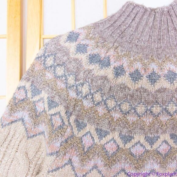 NEW Chico's Cable Yarn Wool Blend Fair Isle Tan Sweater, L - Picture 11 of 16